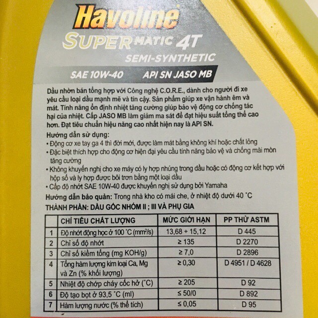 NHỚT HAVOLINE SUPER MATIC 4T SAE  SEMI-SENTHETIC 10w40 1L - XE TAY GA(chai vàng nắp vàng)