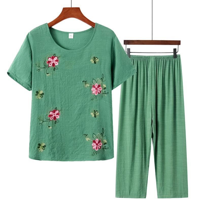 > Áo thun tay ngắn của phụ nữ trung niên và già giả cotton vải lanh Bộ đồ hai mảnh trên cùng quần bà