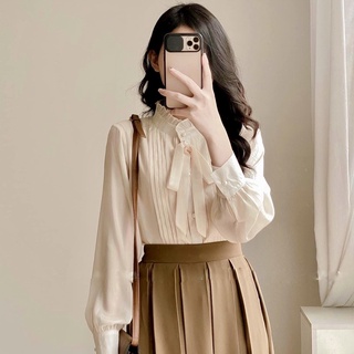Áo sơ mi xếp ly mặc đi làm đi chơi Phần cổ áo và tay áo may xếp nhún xinh xắn A77
