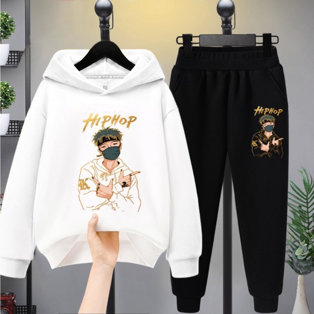 Bộ áo thun hoddie quần dài thể thao vải cotton da cá in nhũ hiphop tuổi teen và nam nữ từ 45-65kg