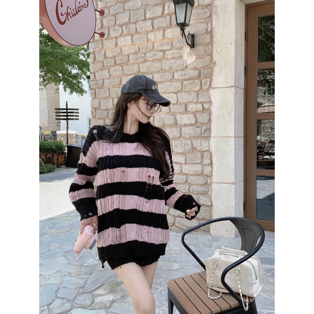 Xiaozhainv Áo sweater Dệt Kim Cổ Tròn Dáng Rộng Kẻ Sọc Trắng Đen Thời Trang Mùa Thu Cho Nữ