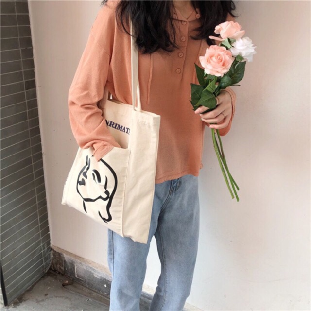 Túi Tote Vải Canvas Đeo Vai Phong Cách Vintage Hình Cô Gái