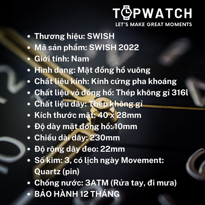 ĐỒNG HỒ NAM MẶT VUÔNG SWISH TOPWATCH CHÍNH HÃNG PHONG THÁI CHUẨN DOANH NHÂN, LỊCH LÃM