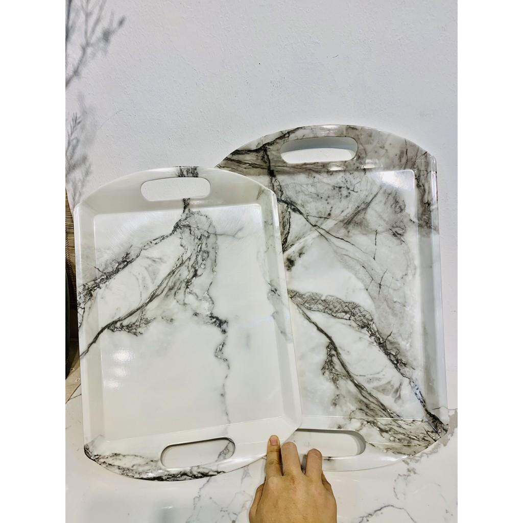 [Giá sỉ đồ decor xuất dư] Khay kệ đựng ấm chén cốc tách ly bình nước bằng nhựa phíp vân đá đẹp cao cấp vuông tròn