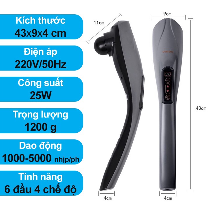 Máy Xoa Bóp Không Dây YT-1706AL, rung mạnh, bền bỉ, giảm đau nhức, Tặng 6 đầu massage toàn thân đa năng