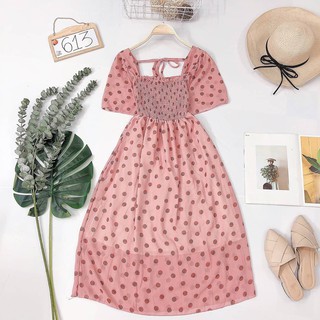 Đầm maxi voan bi, tay loe