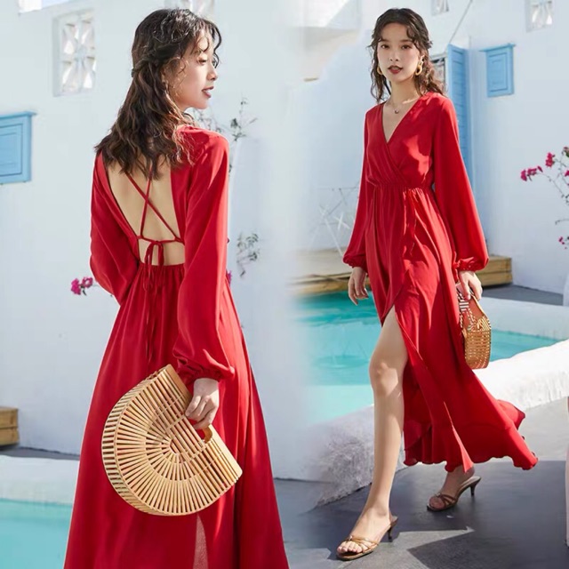 Váy maxi đỏ dài thiết kế dây đan sau lưng_Hàng có sẵn