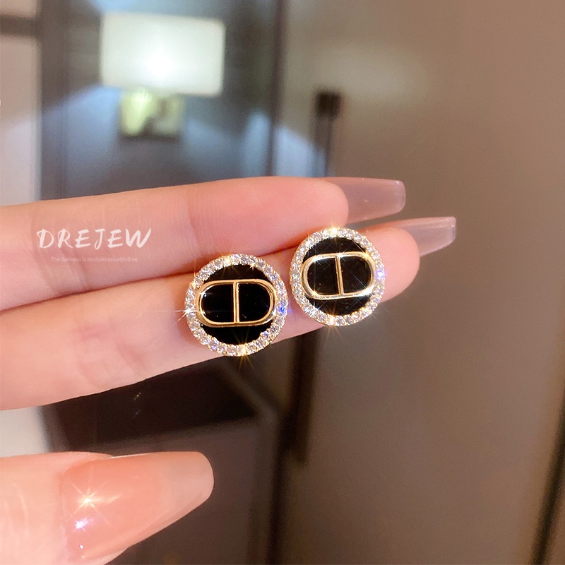 DREJEW Khuyên tai mạ bạc 925 hình chữ đính kim cương phong cách Hàn Quốc đơn giản cá tính