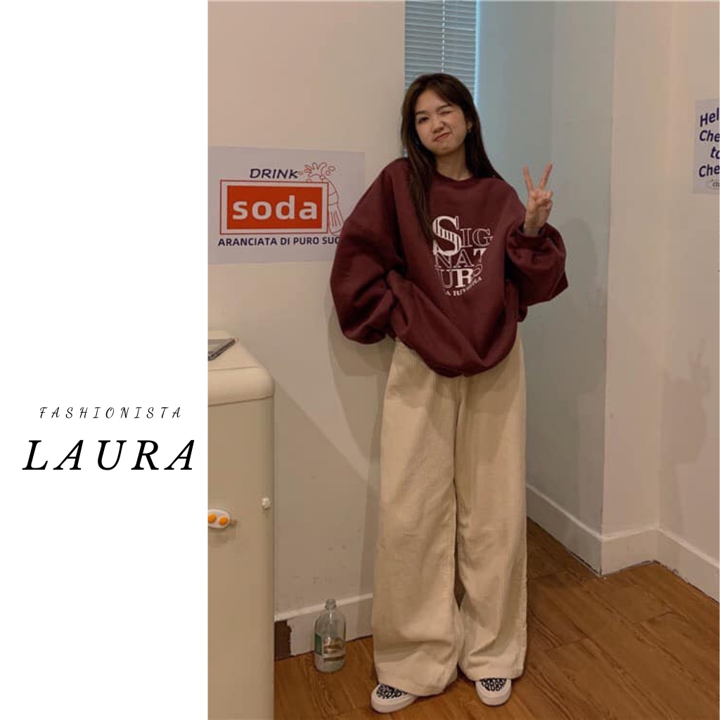 Set Áo Nỉ Đỏ SIGNAT kèm quần ống suông nỉ tăm Laura Boutique  - Bộ nỉ đỏ đô chữ Signature CÓ ẢNH THẬT