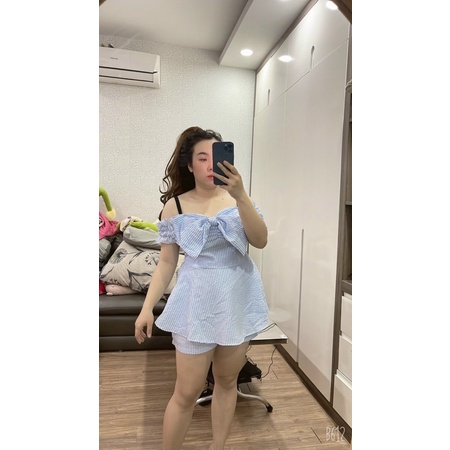 Sét Bộ Áo Trễ Vai Nơ Xốp Sọc, Sét Bộ Đi Chơi Dễ Thương Bigsize Quỳnh Anh Từ 50 kg Đến 100 kg M/L/XL/XXL