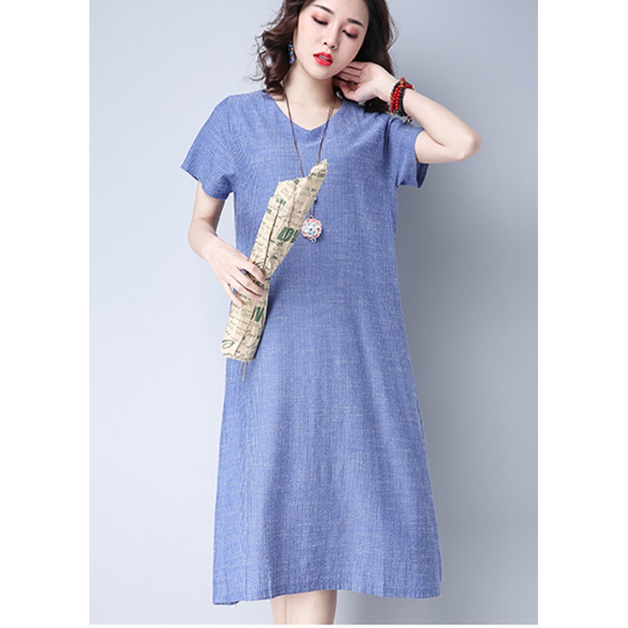 Đầm suông công sở kẻ sọc cổ tim, chất thô mềm mát, hàng nhập Quảng Châu