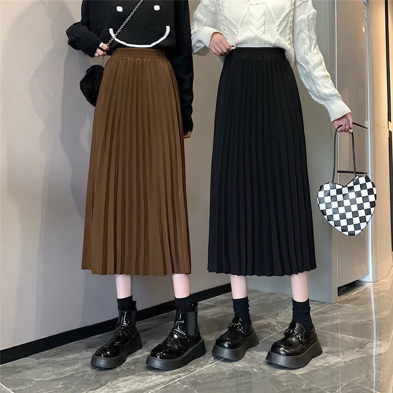 Chân váy chữ A xếp ly lưng cao thời trang thu đông Hàn Quốc mới 2021