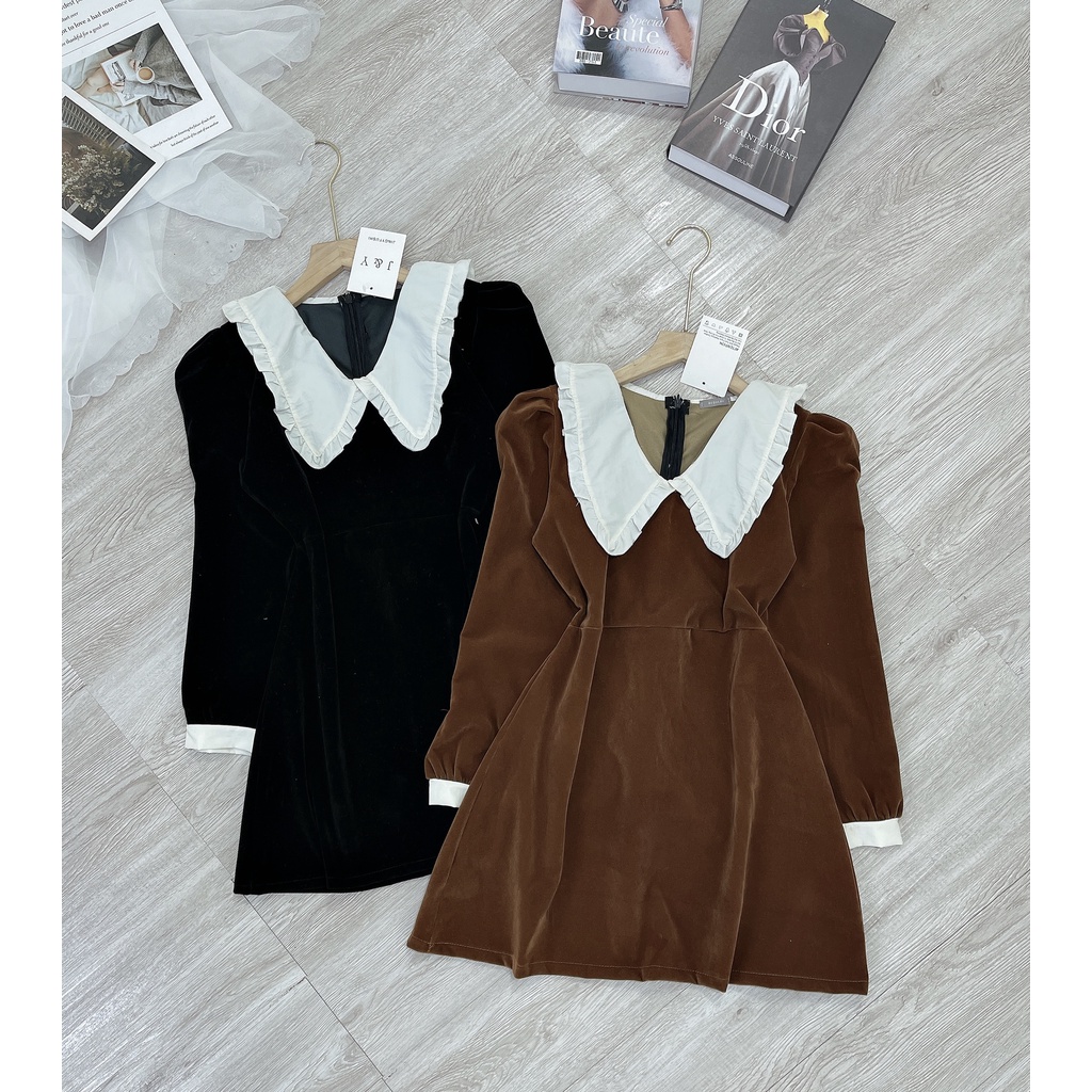 Váy nhung cổ bèo lá dáng tiểu thư diện tết hàng đổ shop, Đầm diện tết | BigBuy360 - bigbuy360.vn