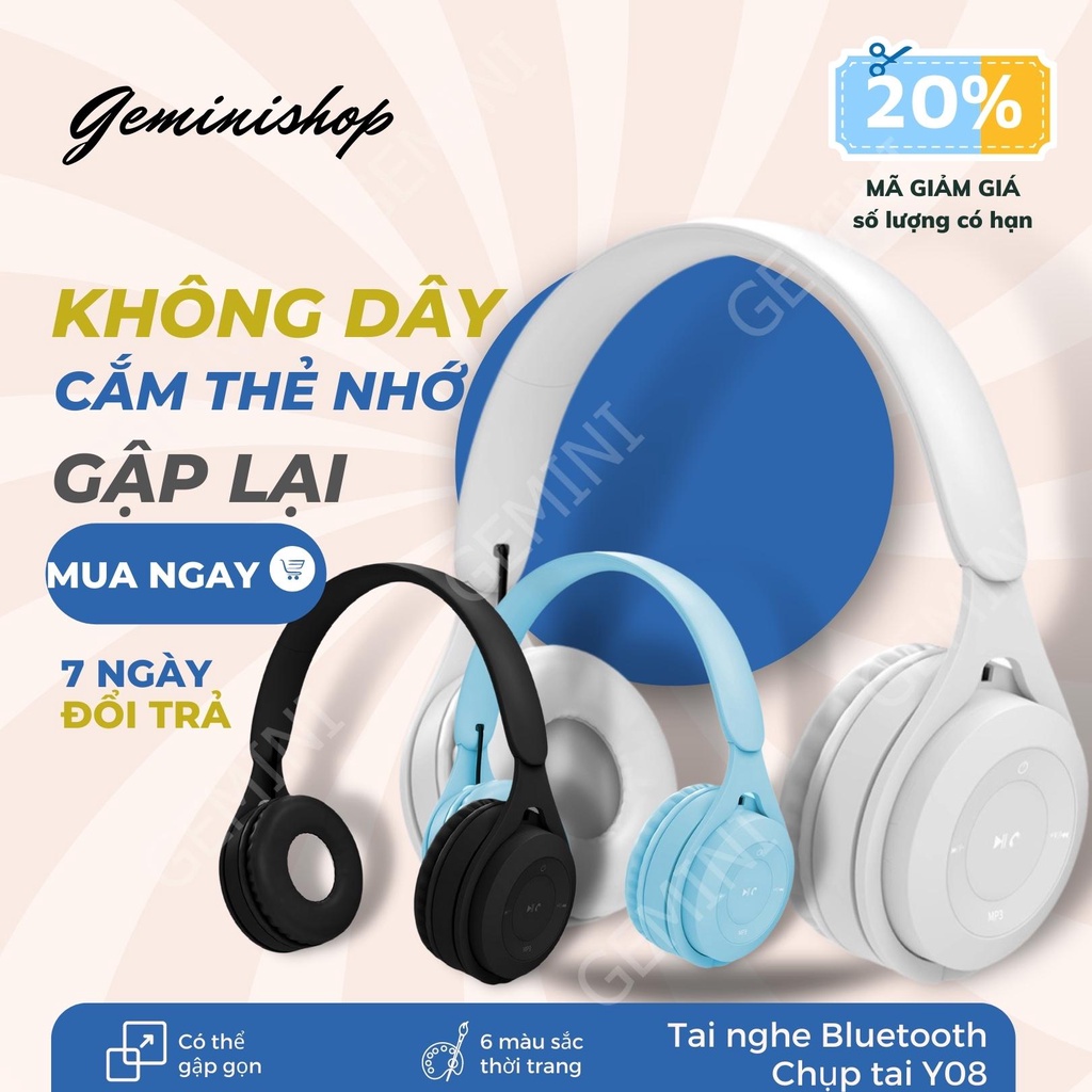 Tai Nghe Bluetooth 5.0 Chụp Tai có micro Headphone không dây thời trang màu sắc Y08 GEMINI SHOP