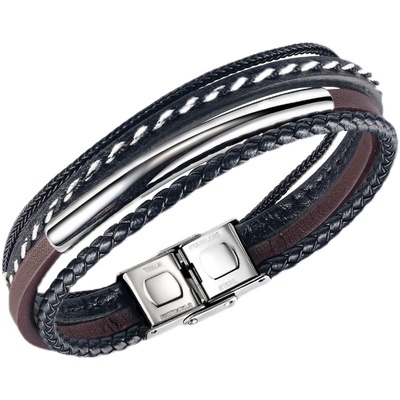 Vòng tay da phối dây đen nâu bọc thép không gỉ MB01