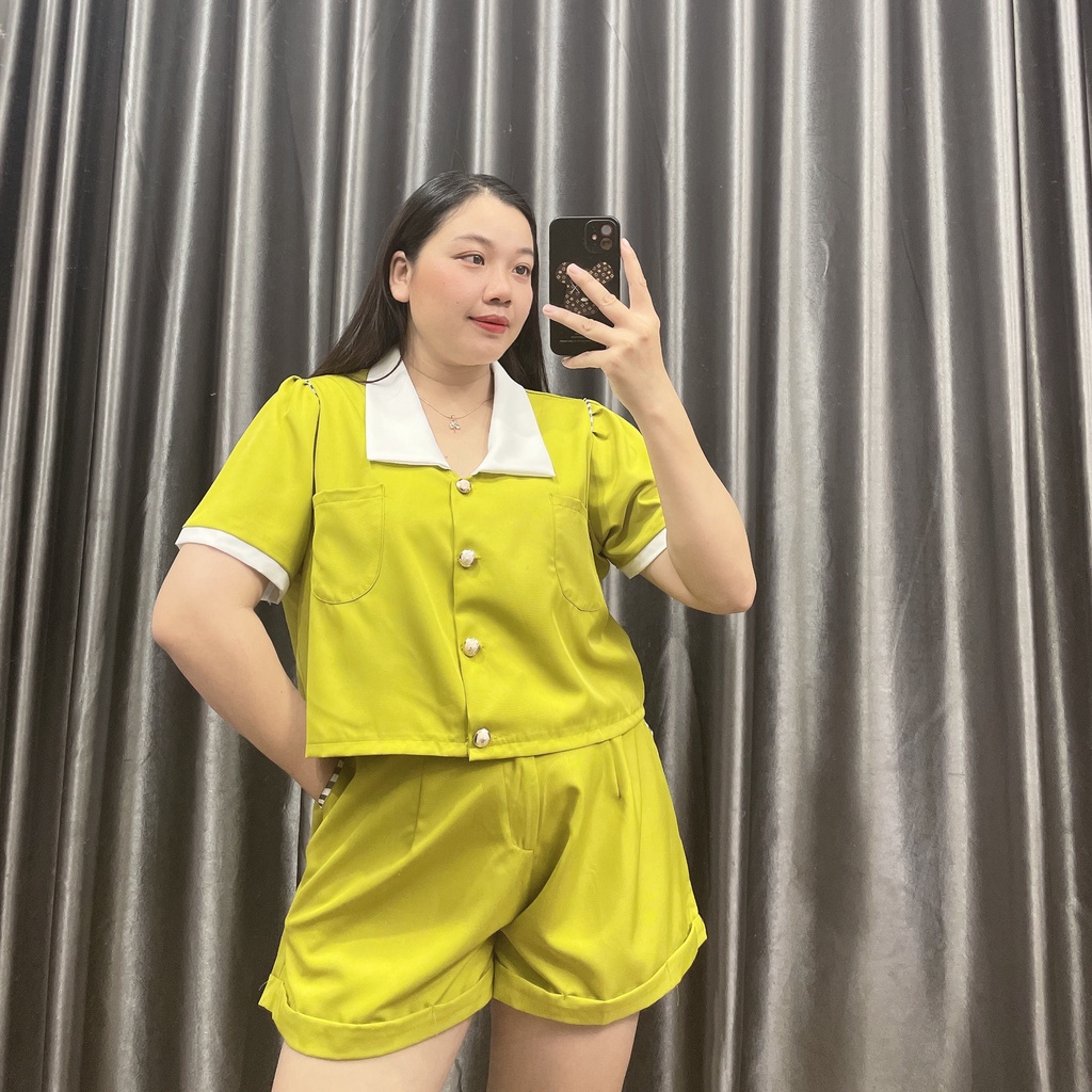 Set Bộ Nữ Bigsize Cộc Viền Trắng Quần Short Ống Rộng Cao Cấp,Set Áo Kiểu Size Lớn Tôn Dáng MÃ SET1