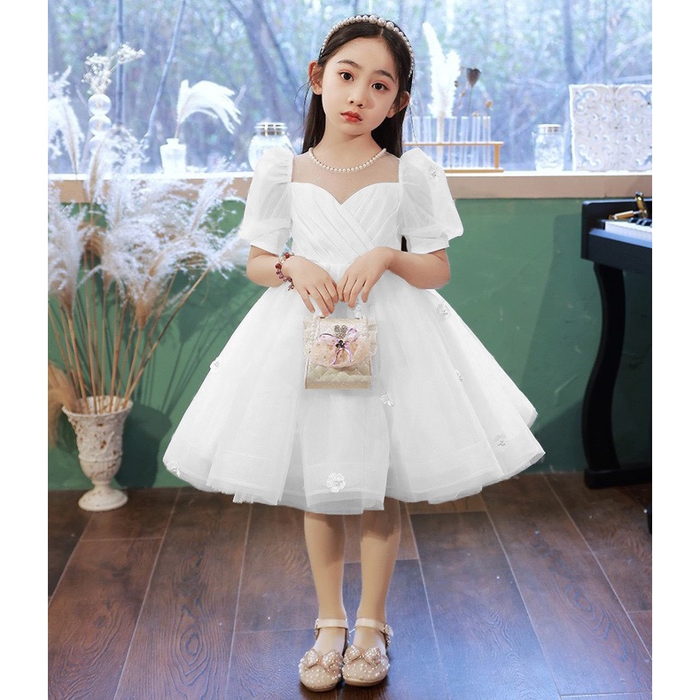 Váy công chúa bé gái thiết kế cao cấp cho bé đi dự tiệc phù dâu từ 3 đến 12 tuổi ngắn tay bồng màu trắng DBG102