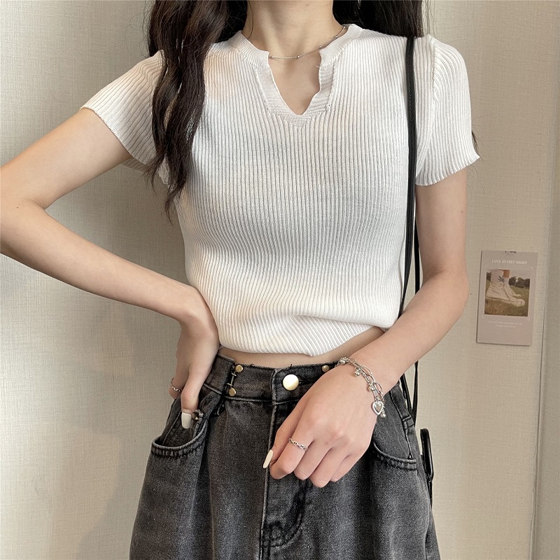 Áo dệt kim ZHELIHANGFEI ngắn tay cổ chữ V dáng ôm thời trang mùa xuân 2022 mới cho nữ