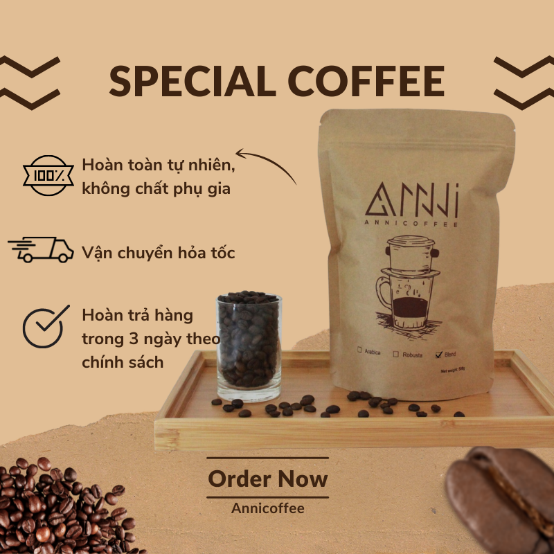 Cà phê Arabica Cầu Đất nguyên chất 100% rang mộc vị đắng, chua nhẹ, hậu ngọt gói 500g Anni Coffee