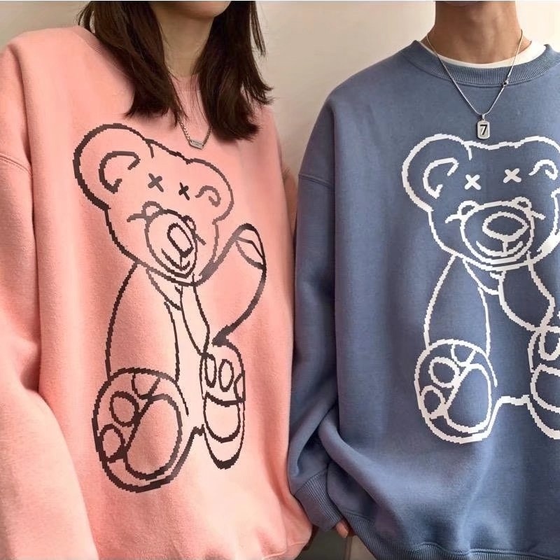 Áo sweater tay dài cổ tròn dáng rộng in họa tiết gấu hoạt hình phong cách Hàn Quốc đáng yêu dành cho các cặp đôi