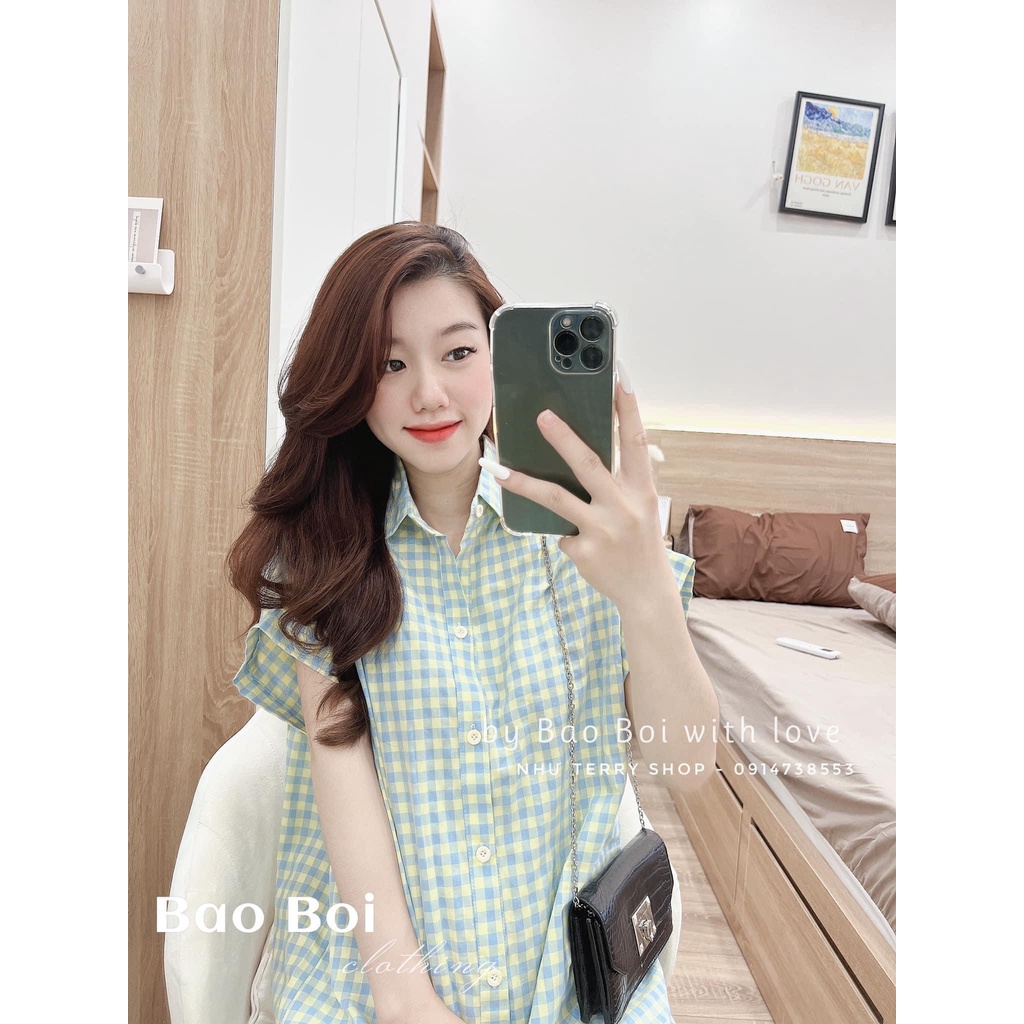 (Hàng có sẵn ship liền) Đầm sơ mi caro dáng suông nút hàng đẹp!