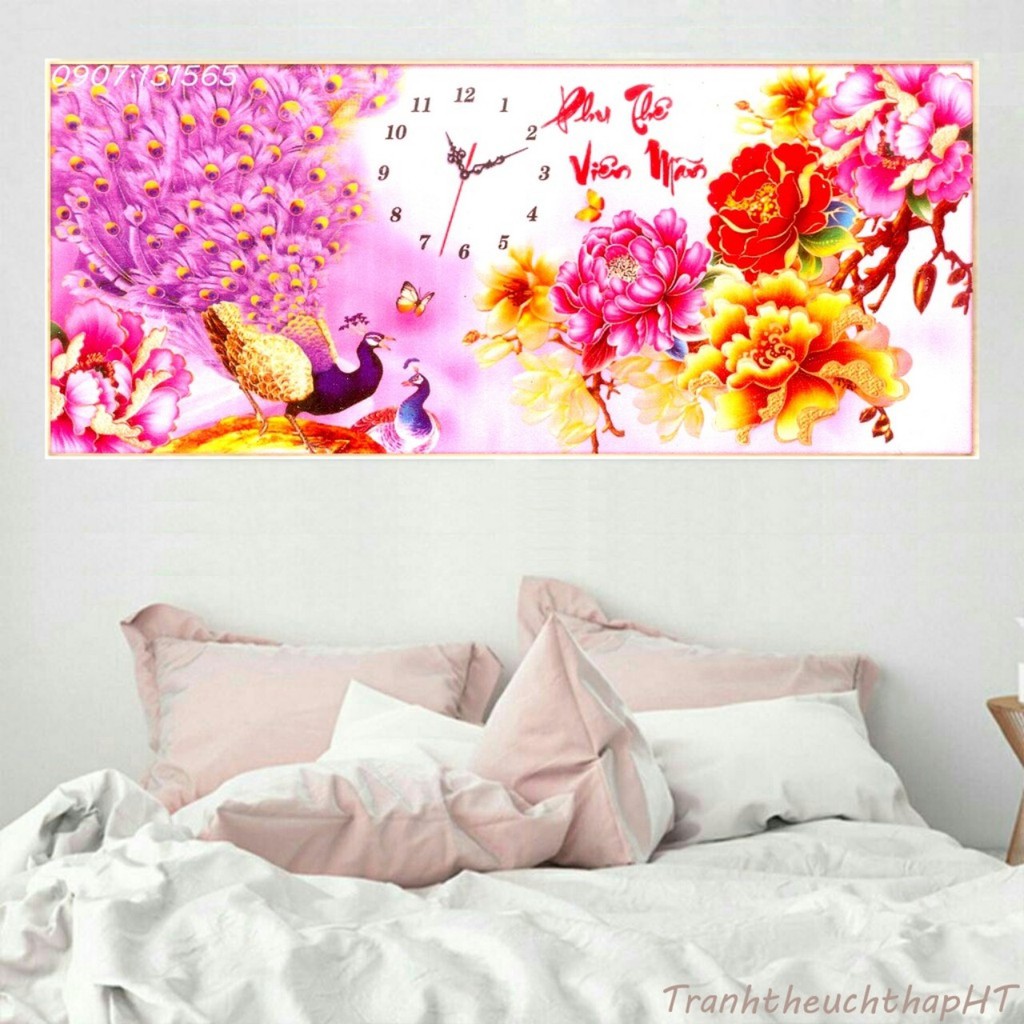 Tranh đính đá, tranh thêu chữ thập đồng hồ con công hoa mẫu đơn, phu thê viên mãn DF454 , LV3161  – Tự