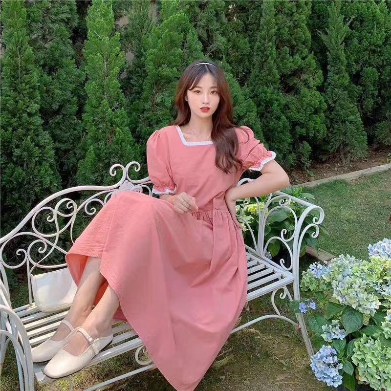 Đầm Maxi Xòe Tay Ngắn, Cố Vuông Viền Ren Màu Trơn SP028589 - SP028595 | BigBuy360 - bigbuy360.vn