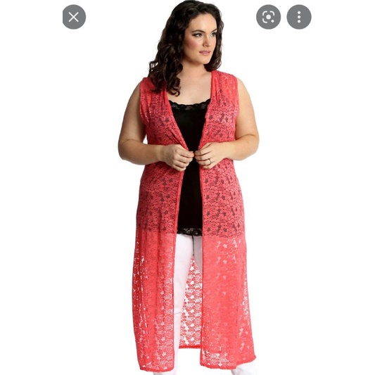 Áo khoác choàng LulaRoe ren lưới sát nách xẻ tà VNXK cardigan ren hoa dáng dài xuất khẩu dư xịn đi biển màu đỏ