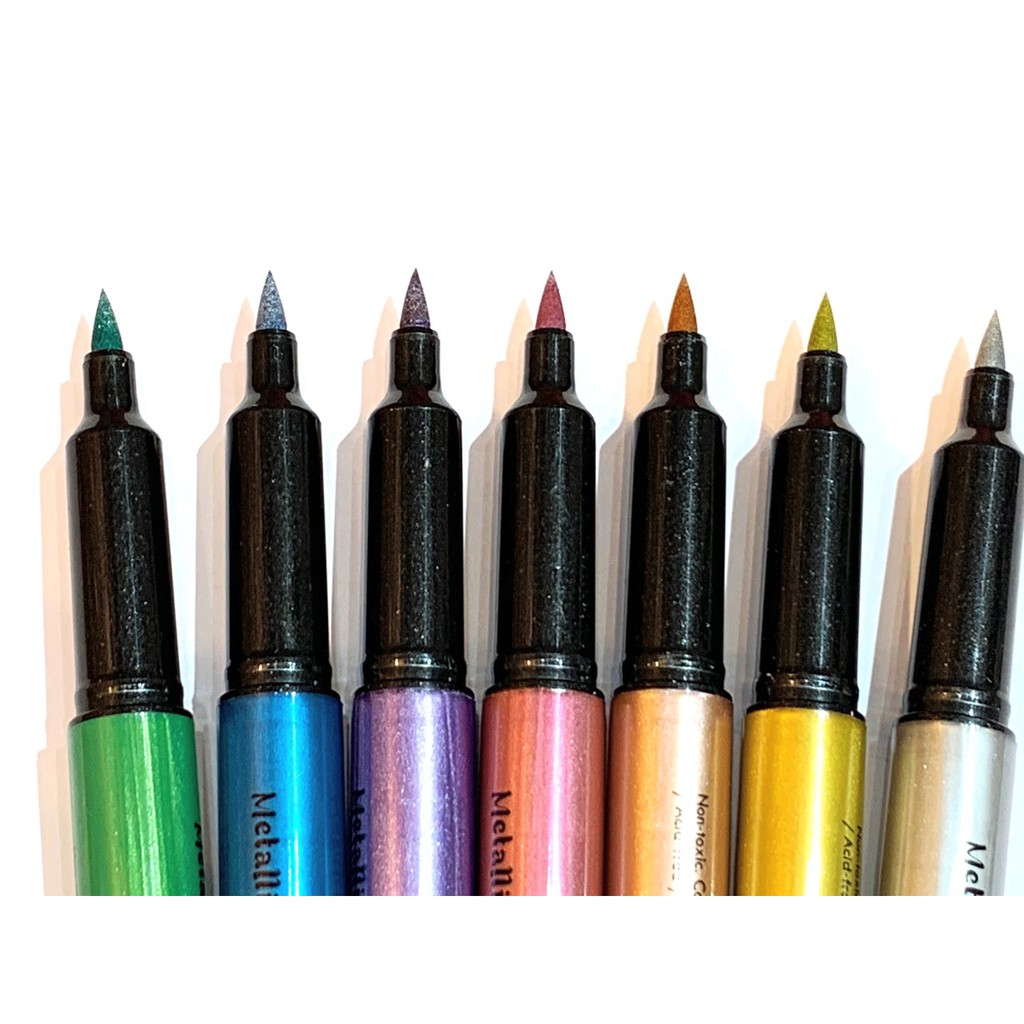 Bộ 7 bút lông đầu cọ viết calligraphy trên mọi chất liệu Simbalion Metallic Brush Marker - Metallic Colors