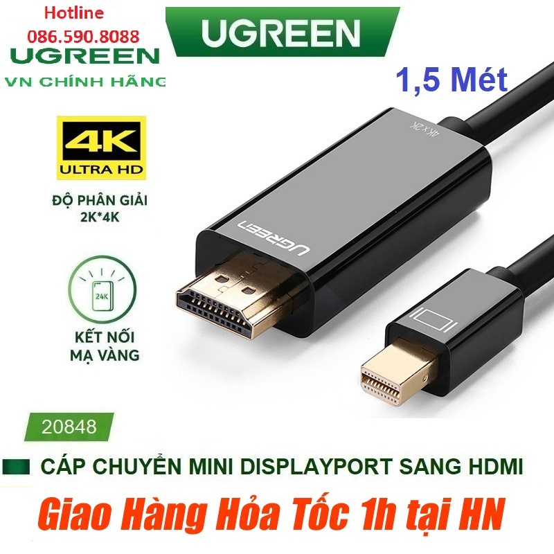 Cáp chuyển Mini DisplayPort to HDMI 4K Cao cấp Ugreen 20848 Dài 1,5m - Hàng Chính hãng