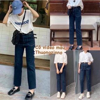 Quần jean bò ống đứng túi hộp hai bên bên - Culottes dáng suông ống rộng màu xanh đậm cá tính