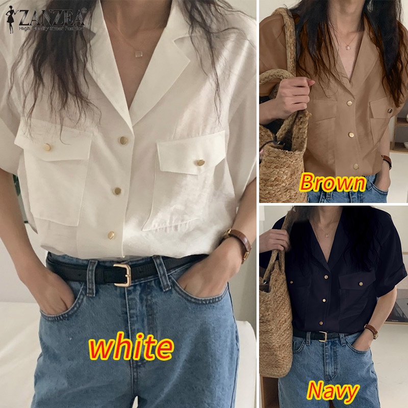 Áo sơ mi tay lửng ZANZEA dáng rộng cài nút thời trang dành cho nữ