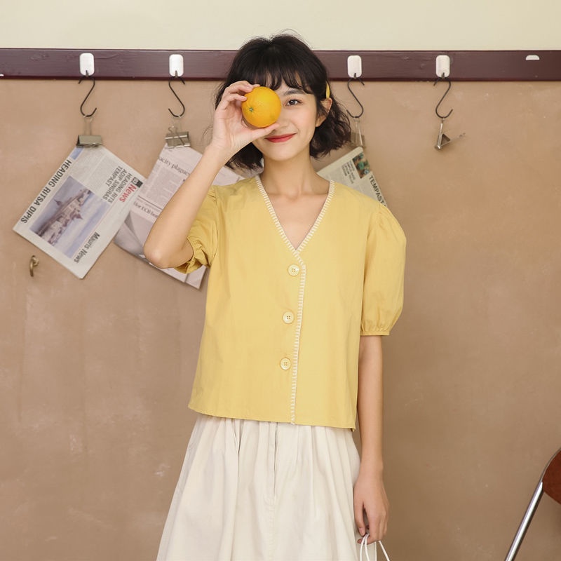 Áo Sơ Mi Tay Ngắn Cổ Chữ V Dáng Rộng Phong Cách Nhật Bản Thời Trang Cho Nữ