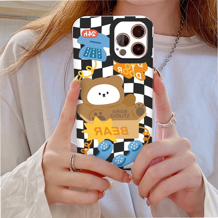 Ốp lưng Iphone Gâu nâu nền caro ốp iphone 13promax 6 6plus 7 plus 8 x xr xsmax 11 promax 12 pro max cạnh vuông