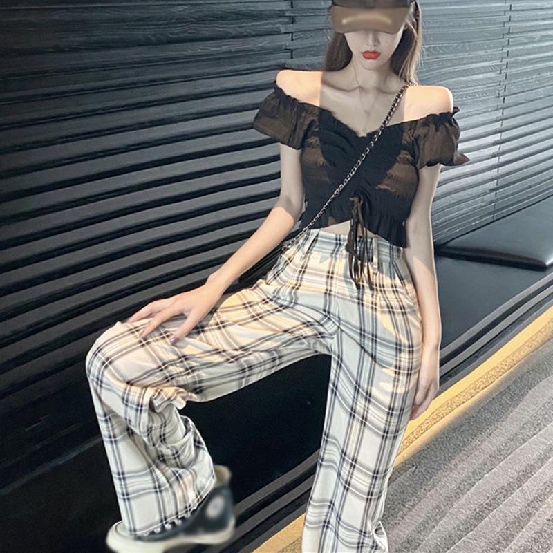 Quần Dài Ống Rộng Họa Tiết Ca Rô Phong Cách Hàn Quốc Dành Cho Nữ