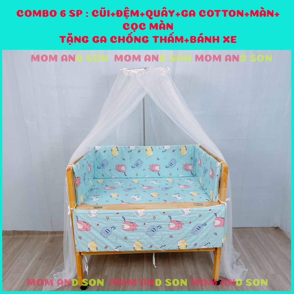 Nôi Cũi Cho Bé Chất Liệu Gỗ Thông Xuất Khẩu Màu Tự Nhiên Kích Thước [110x70x96] MOM AND SON- BH 12 Tháng