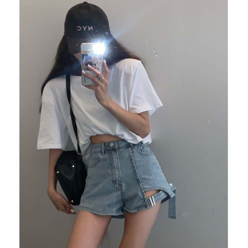 Quần Short Denim Lưng Cao Thiết Kế Không Đồng Đều Cá Tính Thời Trang