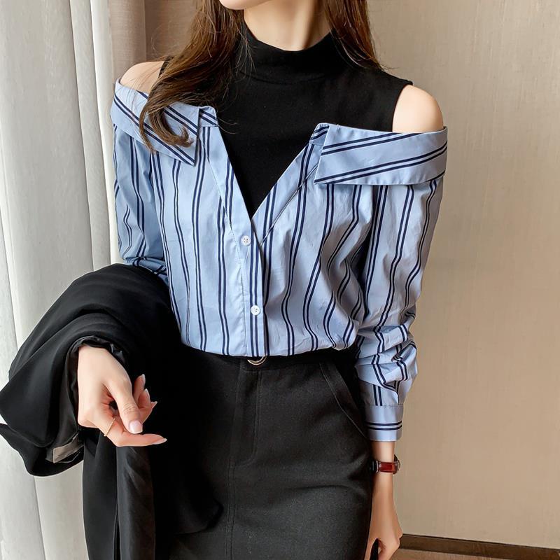 Áo Sơ Mi Vải Lụa Satin Giả Hai Lớp Họa Tiết Kẻ Sọc Màu Xanh Dương Thời Trang Cho Nữ