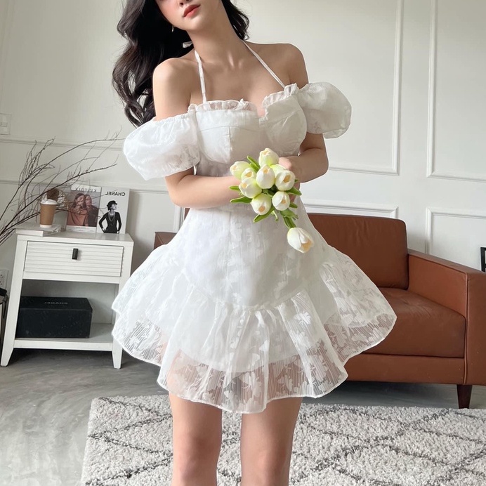 Đầm đi tiệc cưới dáng xòe phong cách tiểu thư, thiết kế hai cách mặc xinh xắn