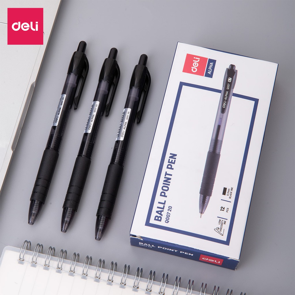 Bút bi dầu đầu bấm ngòi 0.7mm Deli mực xanh đen nét viết đều đệm tay cao su chất lượng cao phù hợp học sinh văn phòng