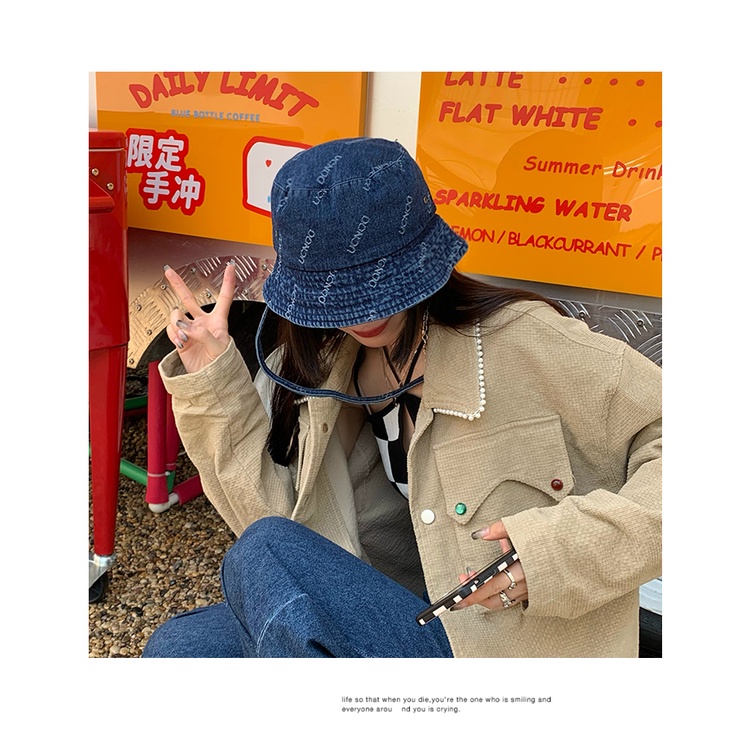 Nón Bucket Phối Dây Xích Dài In Chữ Phong Cách Cao Bồi Nhật Bản Thời Trang Xuân Thu Cá Tính Cho Nữ