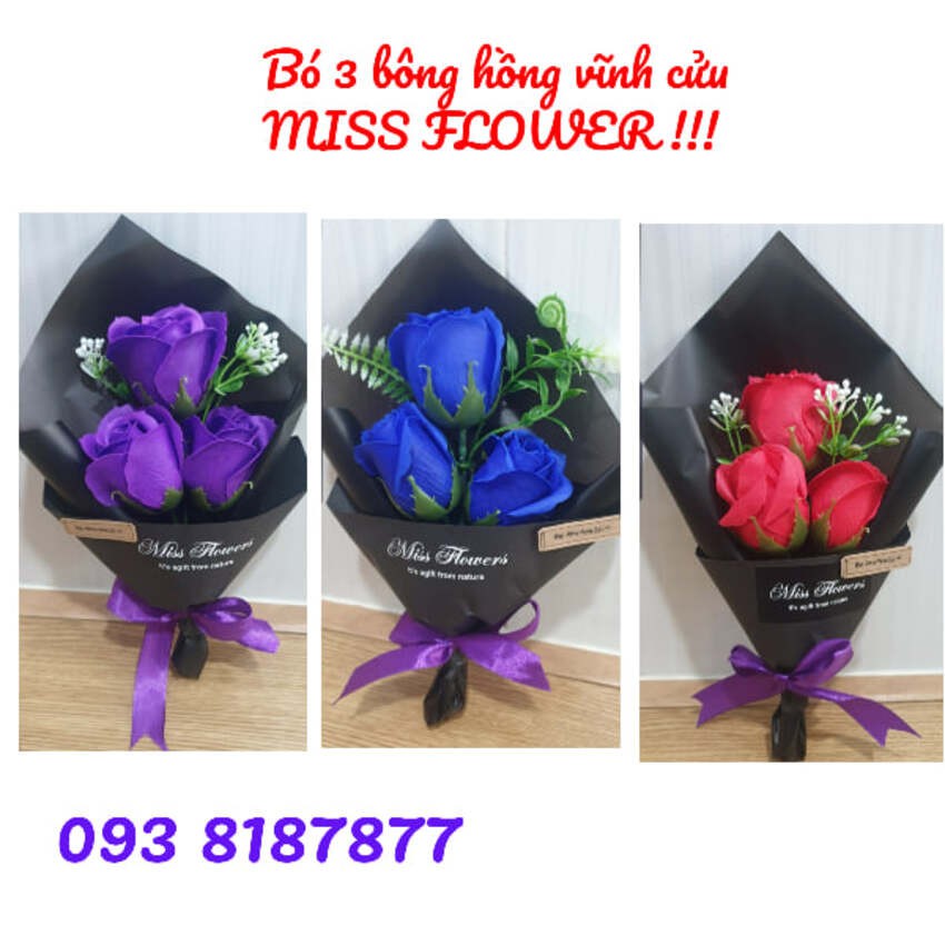 Bó hoa hồng sáp vĩnh cửu Miss, 3 bông phối lá, quà sinh nhật ngọt ngào tặng “gấu”, món quà ý nghĩa tặng người thân yêu !