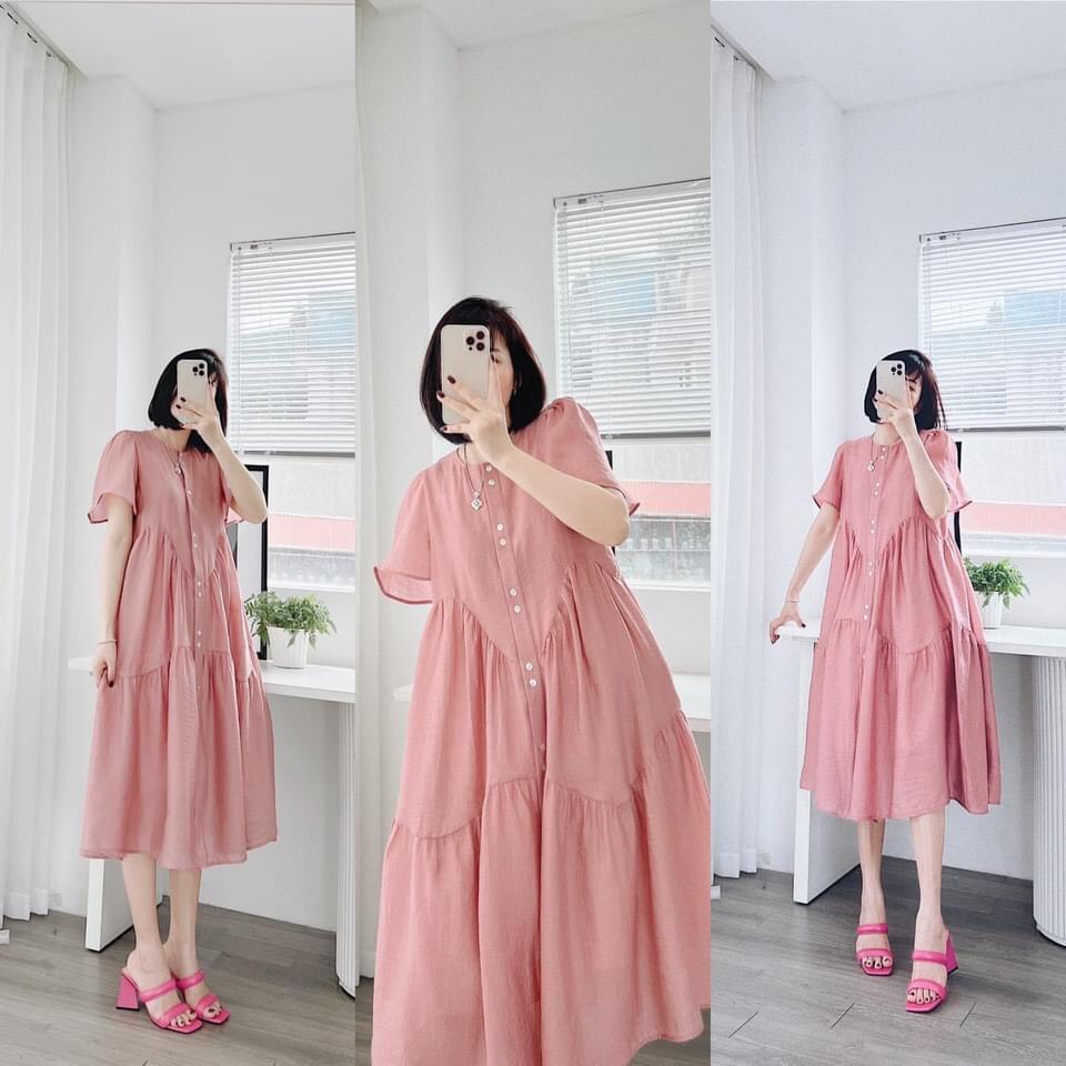 Váy đầm nữ cộc tay babydoll voan tơ xòe kèm váy 2 dây lót dáng sơ mi freesize Ylydress hồng xanh cốm maxi đi biển C962