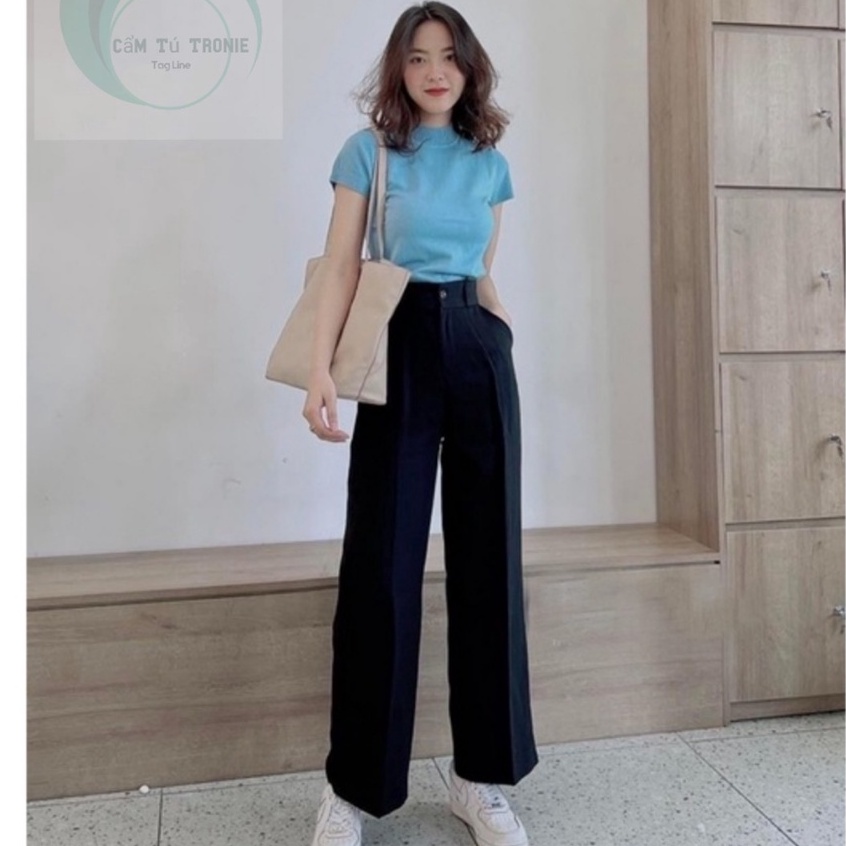 Quần tây ống rộng lưng cao nữ đi học màu đen khóa kéo trước dáng suông dài- Quần vải nữ ống rộng công sở cạp cao vải mềm