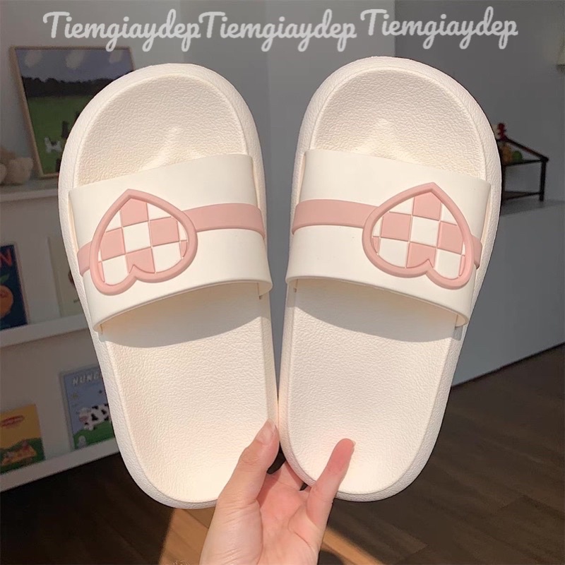 Dép bánh mì,dép quai ngang nam nữ hình trái tim caro phong cách Ulzzang