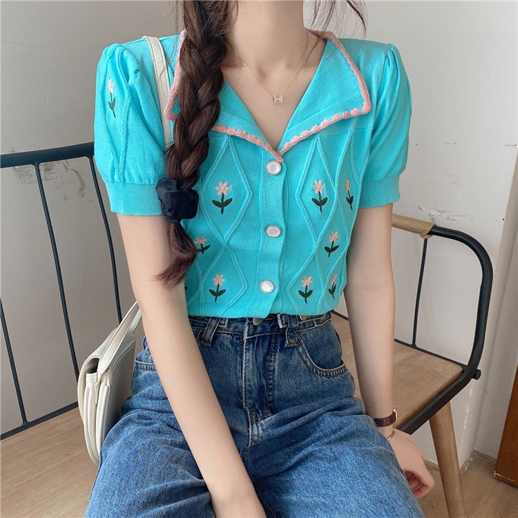 Áo thun polo ZHELIHANGFEI dệt kim tay ngắn thêu hoa phối ren dễ thương thời trang