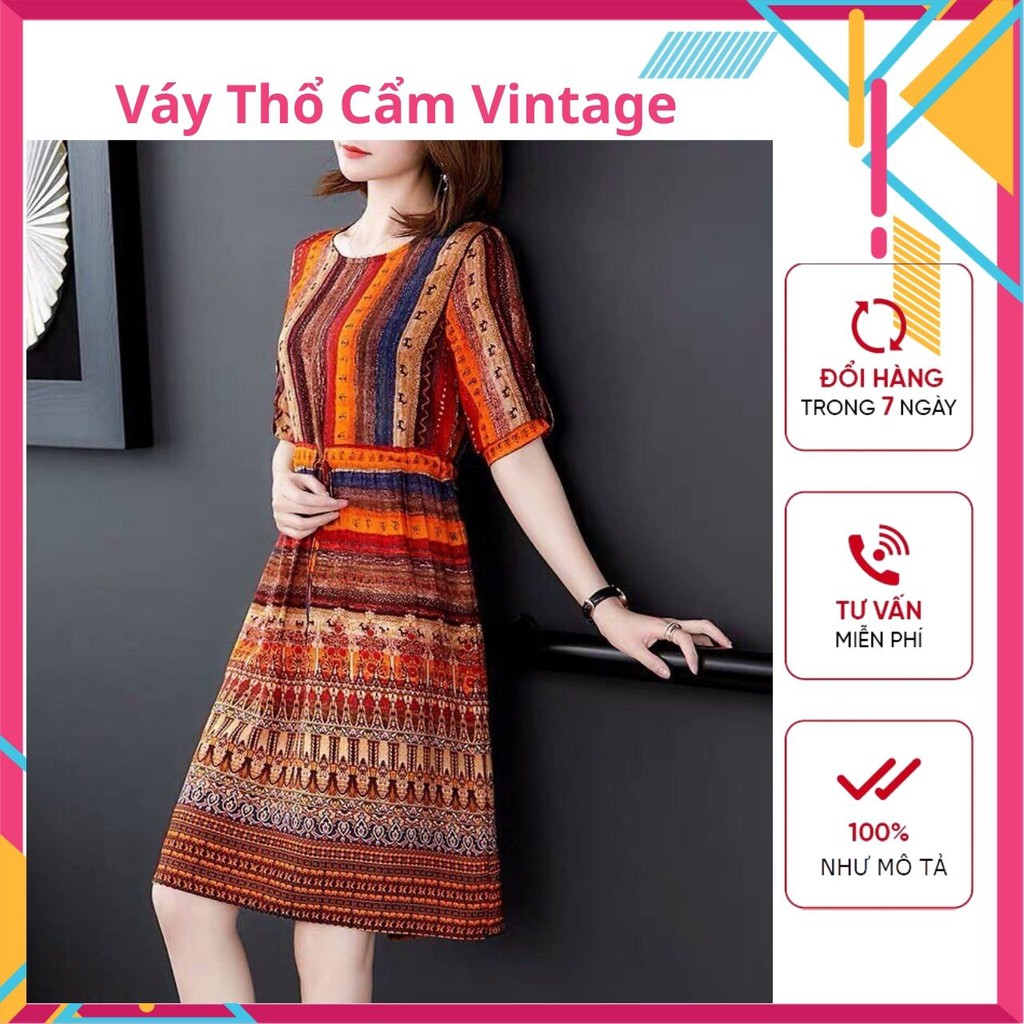 Váy Thổ Cẩm Vintage, Đầm Xòe Đẹp, Vải Lụa Mát Mẻ, Không Nhăn, May Kĩ, Form Chuẩn