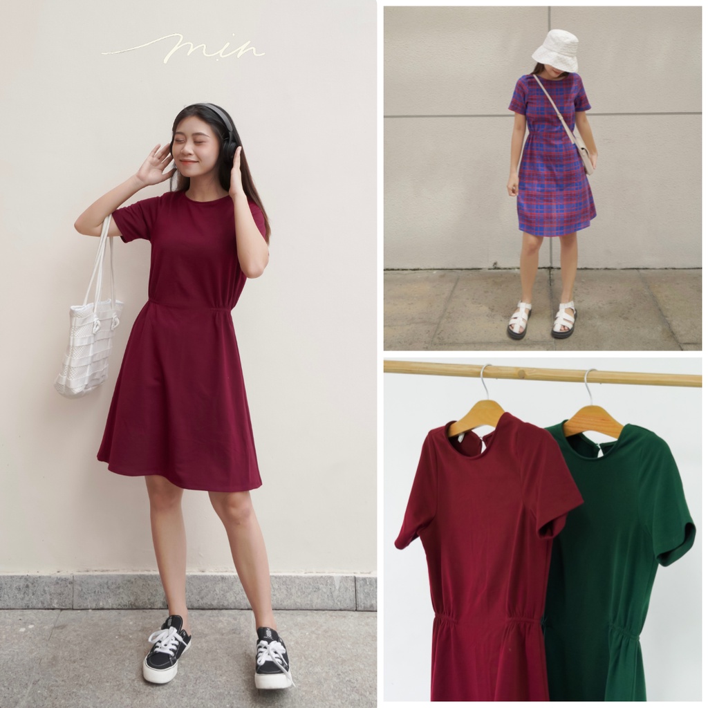 Đầm Thun SUÔNG DÚN EO Mịn màu Đỏ Rêu Xanh Tím, basic ngắn bigsize, Váy chữ A caro thiết kế