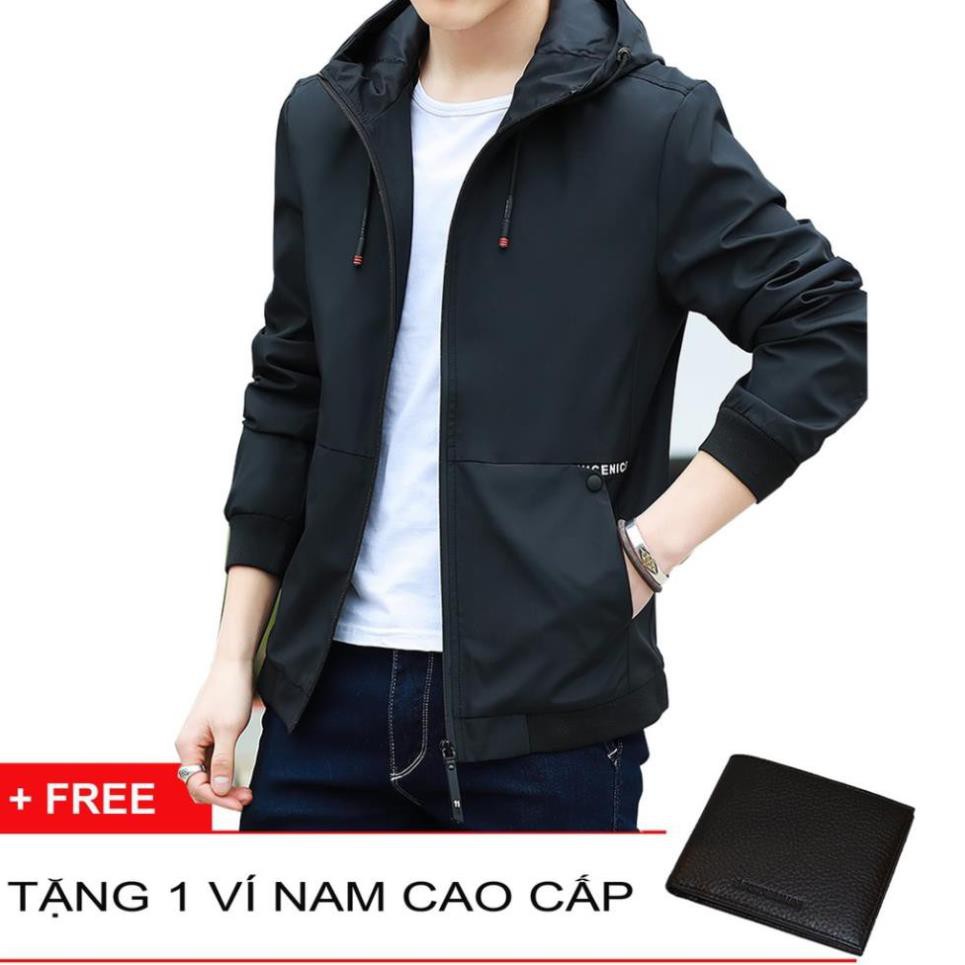 Áo Khoác Dù Nam Có Nón HCM AKD119 + Tặng Ví Nam (Xanh đen)