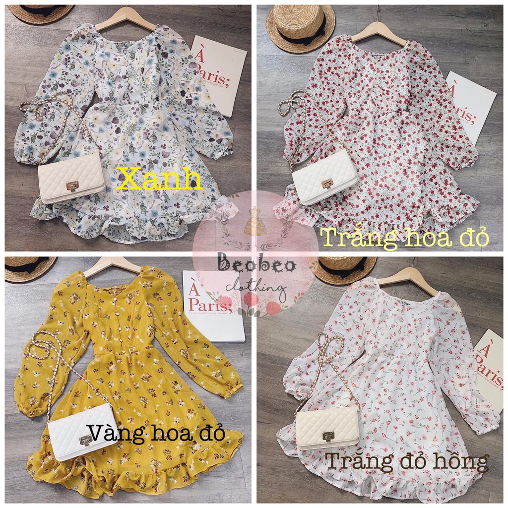 Đầm hoa nhí đuôi cá tay phồng phối nút vintage